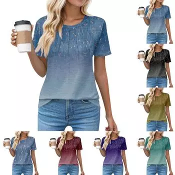 Футболки для женщин, плиссированные, с круглым вырезом, нарядные, повседневные, блузки с принтом, с коротким рукавом, летние топы, свободный крой L чёрный