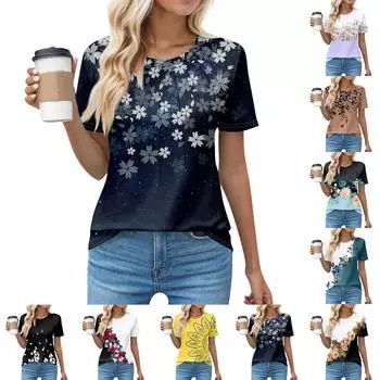 Футболки для женщин, плиссированные, с круглым вырезом, нарядные, повседневные, блузки с принтом, с коротким рукавом, летние топы, свободный крой L чёрный