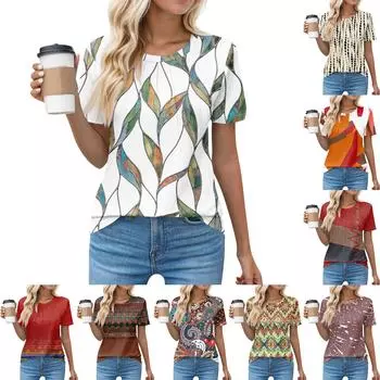 Футболки для женщин, плиссированные, с круглым вырезом, нарядные, повседневные, блузки с принтом, с коротким рукавом, летние топы, свободный крой L синий