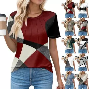 Футболки для женщин, плиссированные, с круглым вырезом, нарядные, повседневные, блузки с принтом, с коротким рукавом, летние топы, свободный крой L чёрный