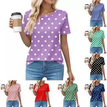 Футболки для женщин, плиссированные, с круглым вырезом, нарядные, повседневные, блузки с принтом, с коротким рукавом, летние топы, свободный крой L чёрный