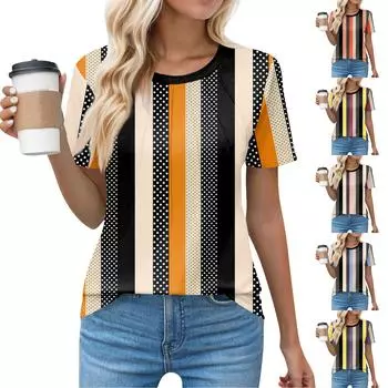 Футболки для женщин, плиссированные, с круглым вырезом, нарядные, повседневные, блузки с принтом, с коротким рукавом, летние топы, свободный крой L синий
