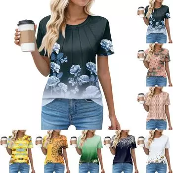 Футболки для женщин, плиссированные, с круглым вырезом, нарядные, повседневные, блузки с принтом, с коротким рукавом, летние топы, свободный крой L синий