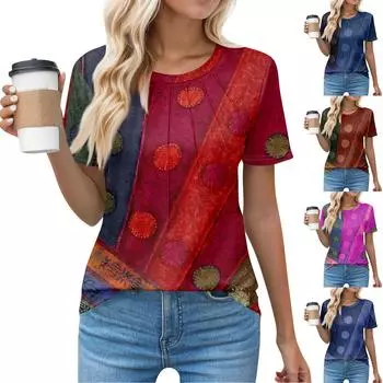 Футболки для женщин, плиссированные, с круглым вырезом, нарядные, повседневные, блузки с принтом, с коротким рукавом, летние топы, свободный крой XXL синий
