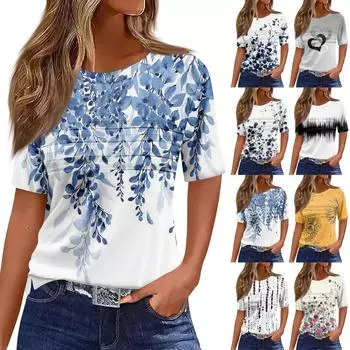 Футболки для женщин, плиссированные, с круглым вырезом, нарядные, повседневные, блузки с принтом, с коротким рукавом, летние топы, свободный крой L чёрный