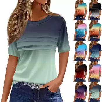 Футболки для женщин, плиссированные, с круглым вырезом, нарядные, повседневные, блузки с принтом, с коротким рукавом, летние топы, свободный крой L чёрный