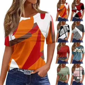 Футболки для женщин, плиссированные, с круглым вырезом, нарядные, повседневные, блузки с принтом, с коротким рукавом, летние топы, свободный крой L чёрный