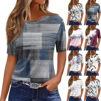 Футболки для женщин, плиссированные, с круглым вырезом, нарядные, повседневные, блузки с принтом, с коротким рукавом, летние топы, свободный крой L чёрный