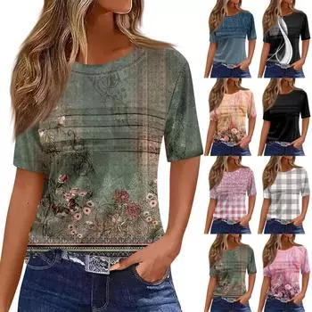 Футболки для женщин, плиссированные, с круглым вырезом, нарядные, повседневные, блузки с принтом, с коротким рукавом, летние топы, свободный крой L чёрный