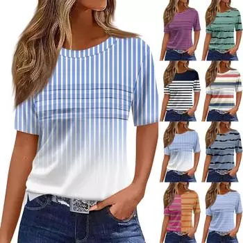 Футболки для женщин, плиссированные, с круглым вырезом, нарядные, повседневные, блузки с принтом, с коротким рукавом, летние топы, свободный крой L чёрный