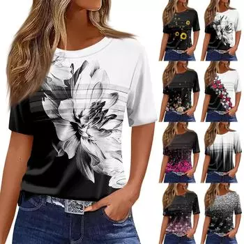 Футболки для женщин, плиссированные, с круглым вырезом, нарядные, повседневные, блузки с принтом, с коротким рукавом, летние топы, свободный крой L чёрный