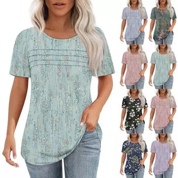 Футболки для женщин, плиссированные, с круглым вырезом, нарядные, повседневные, блузки с принтом, с коротким рукавом, летние топы, свободный крой L темно-зеленого