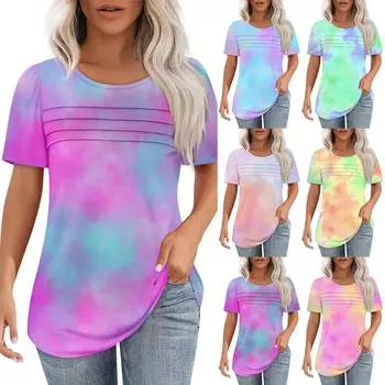 Футболки для женщин, плиссированные, с круглым вырезом, нарядные, повседневные, блузки с принтом, с коротким рукавом, летние топы, свободный крой L темно-фиолетового