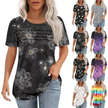 Футболки для женщин, плиссированные, с круглым вырезом, нарядные, повседневные, блузки с принтом, с коротким рукавом, летние топы, свободный крой M