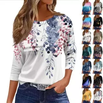 Футболки для женщин, плиссированные, с круглым вырезом, нарядные, повседневные, блузки с принтом, рукав 3/4, летние топы, свободный крой L чёрный