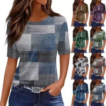 Футболки для женщин, плиссированные, с круглым вырезом, нарядные, повседневные, блузки с принтом, с коротким рукавом, летние топы, свободный крой XXXL синий