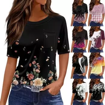 Футболки для женщин, плиссированные, с круглым вырезом, нарядные, повседневные, блузки с принтом, с коротким рукавом, летние топы, свободный крой L