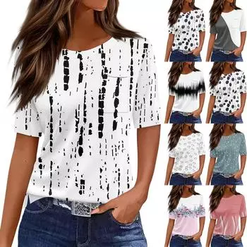 Футболки для женщин, плиссированные, с круглым вырезом, нарядные, повседневные, блузки с принтом, с коротким рукавом, летние топы, свободный крой XL розовый