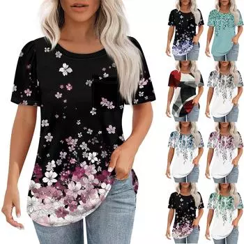 Футболки для женщин, плиссированные, с круглым вырезом, нарядные, повседневные, блузки с принтом, с коротким рукавом, летние топы, свободный крой L чёрный