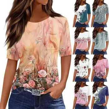 Футболки для женщин, плиссированные, с круглым вырезом, нарядные, повседневные, блузки с принтом, с коротким рукавом, летние топы, свободный крой L