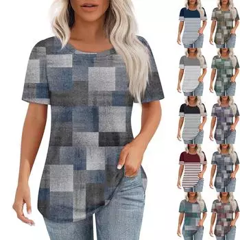 Футболки для женщин, плиссированные, с круглым вырезом, нарядные, повседневные, блузки с принтом, с коротким рукавом, летние топы, свободный крой L синий