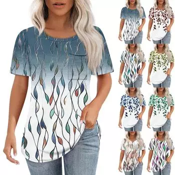 Футболки для женщин, плиссированные, с круглым вырезом, нарядные, повседневные, блузки с принтом, с коротким рукавом, летние топы, свободный крой L синий