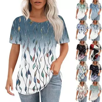 Футболки для женщин, плиссированные, с круглым вырезом, нарядные, повседневные, блузки с принтом, с коротким рукавом, летние топы, свободный крой L чёрный