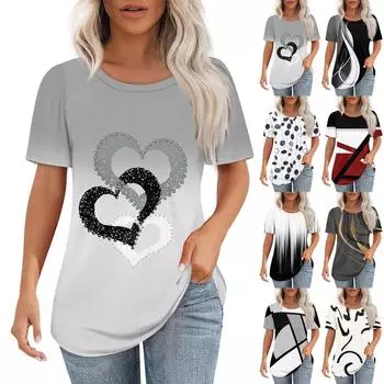 Футболки для женщин, плиссированные, с круглым вырезом, нарядные, повседневные, блузки с принтом, с коротким рукавом, летние топы, свободный крой L