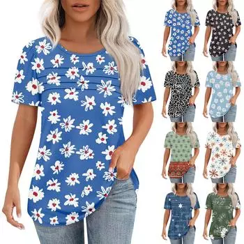 Футболки для женщин, плиссированные, с круглым вырезом, нарядные, повседневные, блузки с принтом, с коротким рукавом, летние топы, свободный крой L синий