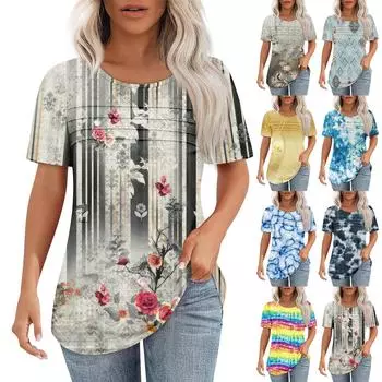 Футболки для женщин, плиссированные, с круглым вырезом, нарядные, повседневные, блузки с принтом, с коротким рукавом, летние топы, свободный крой L синий
