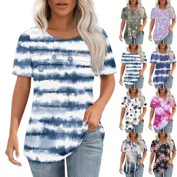 Футболки для женщин, плиссированные, с круглым вырезом, нарядные, повседневные, блузки с принтом, с коротким рукавом, летние топы, свободный крой L синий