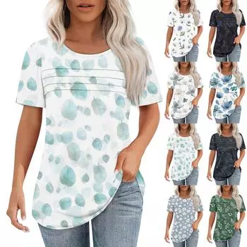 Футболки для женщин, плиссированные, с круглым вырезом, нарядные, повседневные, блузки с принтом, с коротким рукавом, летние топы, свободный крой L чёрный