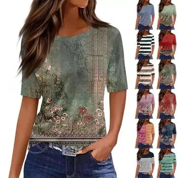 Футболки для женщин, плиссированные, с круглым вырезом, нарядные, повседневные, блузки с принтом, с коротким рукавом, летние топы, свободный крой L синий