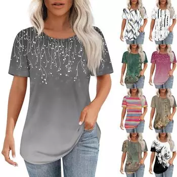 Футболки для женщин, плиссированные, с круглым вырезом, нарядные, повседневные, блузки с принтом, с коротким рукавом, летние топы, свободный крой L армия зеленый