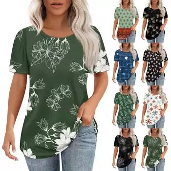 Футболки для женщин, плиссированные, с круглым вырезом, нарядные, повседневные, блузки с принтом, с коротким рукавом, летние топы, свободный крой M розовый