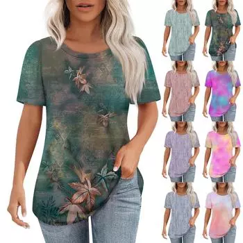 Футболки для женщин, плиссированные, с круглым вырезом, нарядные, повседневные, блузки с принтом, с коротким рукавом, летние топы, свободный крой L темно-зеленого