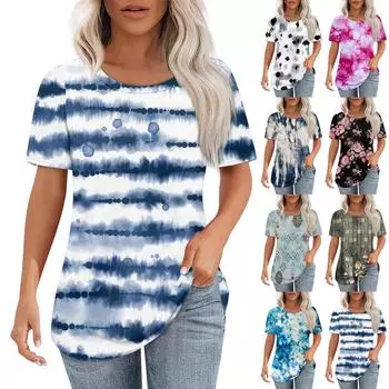 Футболки для женщин, плиссированные, с круглым вырезом, нарядные, повседневные, блузки с принтом, с коротким рукавом, летние топы, свободный крой L темно-зеленого