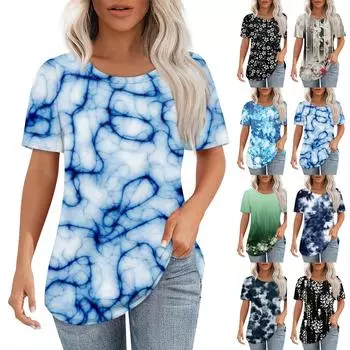 Футболки для женщин, плиссированные, с круглым вырезом, нарядные, повседневные, блузки с принтом, с коротким рукавом, летние топы, свободный крой L чёрный