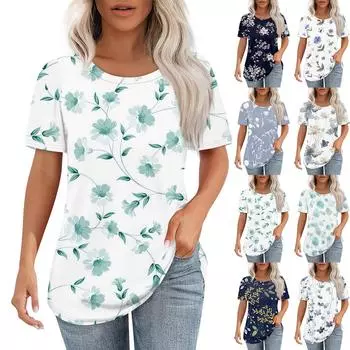 Футболки для женщин, плиссированные, с круглым вырезом, нарядные, повседневные, блузки с принтом, с коротким рукавом, летние топы, свободный крой S