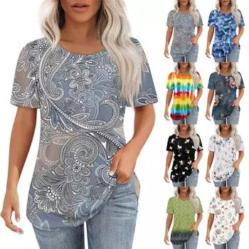 Футболки для женщин, плиссированные, с круглым вырезом, нарядные, повседневные, блузки с принтом, с коротким рукавом, летние топы, свободный крой XXL