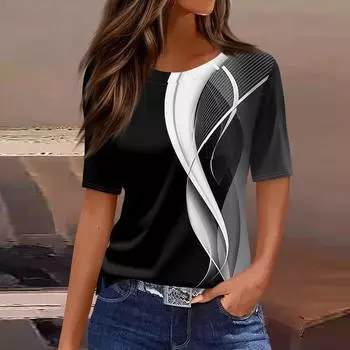 Футболки для женщин, плиссированные, с круглым вырезом, нарядные, повседневные, блузки с принтом, с коротким рукавом, летние топы, свободный крой S