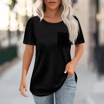 Футболки для женщин, плиссированные, с круглым вырезом, нарядные, повседневные, блузки с принтом, с коротким рукавом, летние топы, свободный крой S хаки