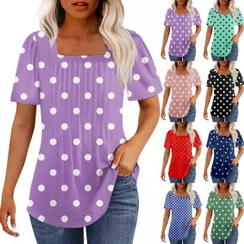 Футболки для женщин, плиссированные, с квадратным вырезом, нарядные, повседневные, блузки с принтом, с коротким рукавом, летние топы свободного кроя L чёрный