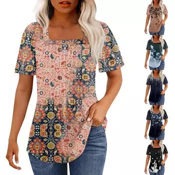 Футболки для женщин, плиссированные, с квадратным вырезом, нарядные, повседневные, блузки с принтом, с коротким рукавом, летние топы свободного кроя L чёрный
