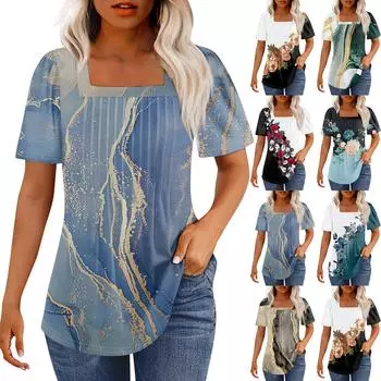 Футболки для женщин, плиссированные, с квадратным вырезом, нарядные, повседневные, блузки с принтом, с коротким рукавом, летние топы свободного кроя L чёрный