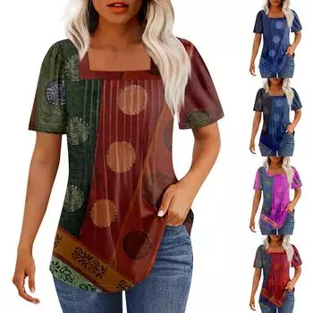 Футболки для женщин, плиссированные, с квадратным вырезом, нарядные, повседневные, блузки с принтом, с коротким рукавом, летние топы свободного кроя L синий