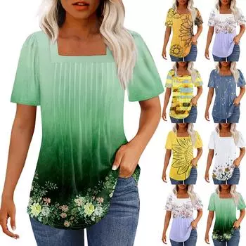 Футболки для женщин, плиссированные, с квадратным вырезом, нарядные, повседневные, блузки с принтом, с коротким рукавом, летние топы свободного кроя L синий