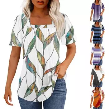 Футболки для женщин, плиссированные, с квадратным вырезом, нарядные, повседневные, блузки с принтом, с коротким рукавом, летние топы свободного кроя L синий
