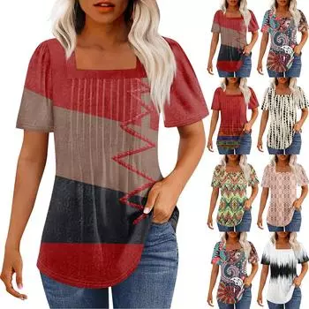 Футболки для женщин, плиссированные, с квадратным вырезом, нарядные, повседневные, блузки с принтом, с коротким рукавом, летние топы свободного кроя L бежевый