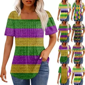 Футболки для женщин, плиссированные, с квадратным вырезом, нарядные, повседневные, блузки с принтом, с коротким рукавом, летние топы свободного кроя XXL зелёный